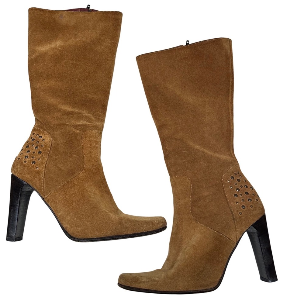 Vintage Barneys New York Tan Suede Studded Square Toe Block Heel Boots Size 38